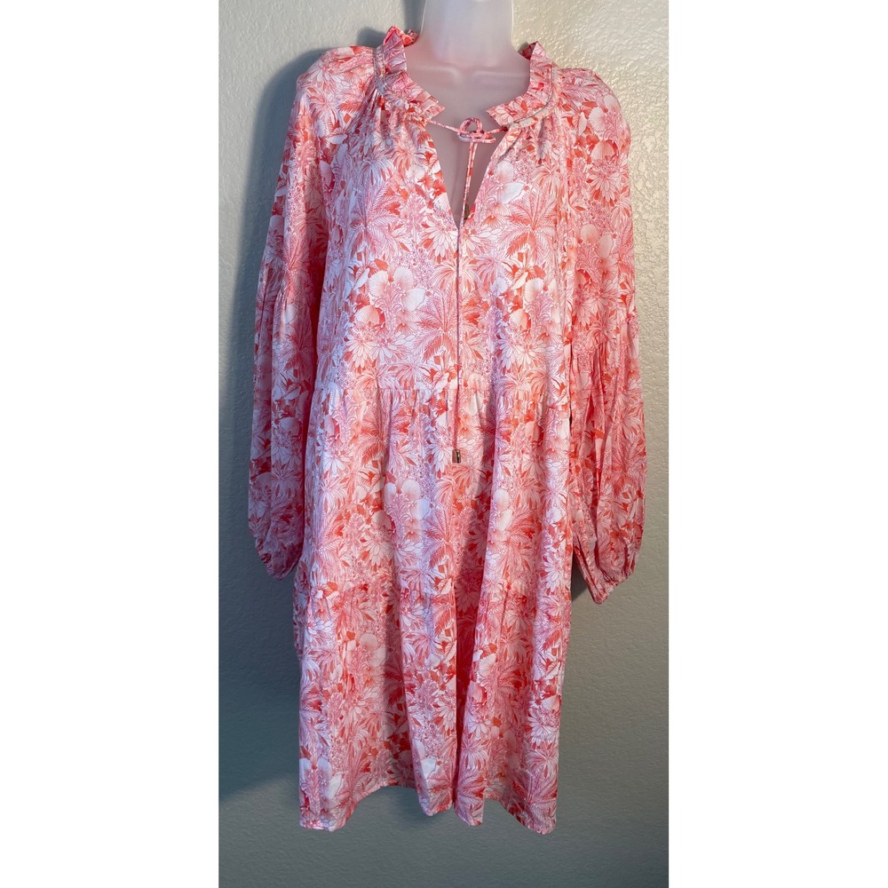 Tommy Bahama XL Petit Palma Dress Pink Tropical Floral Tiered Long Sleeve NEW